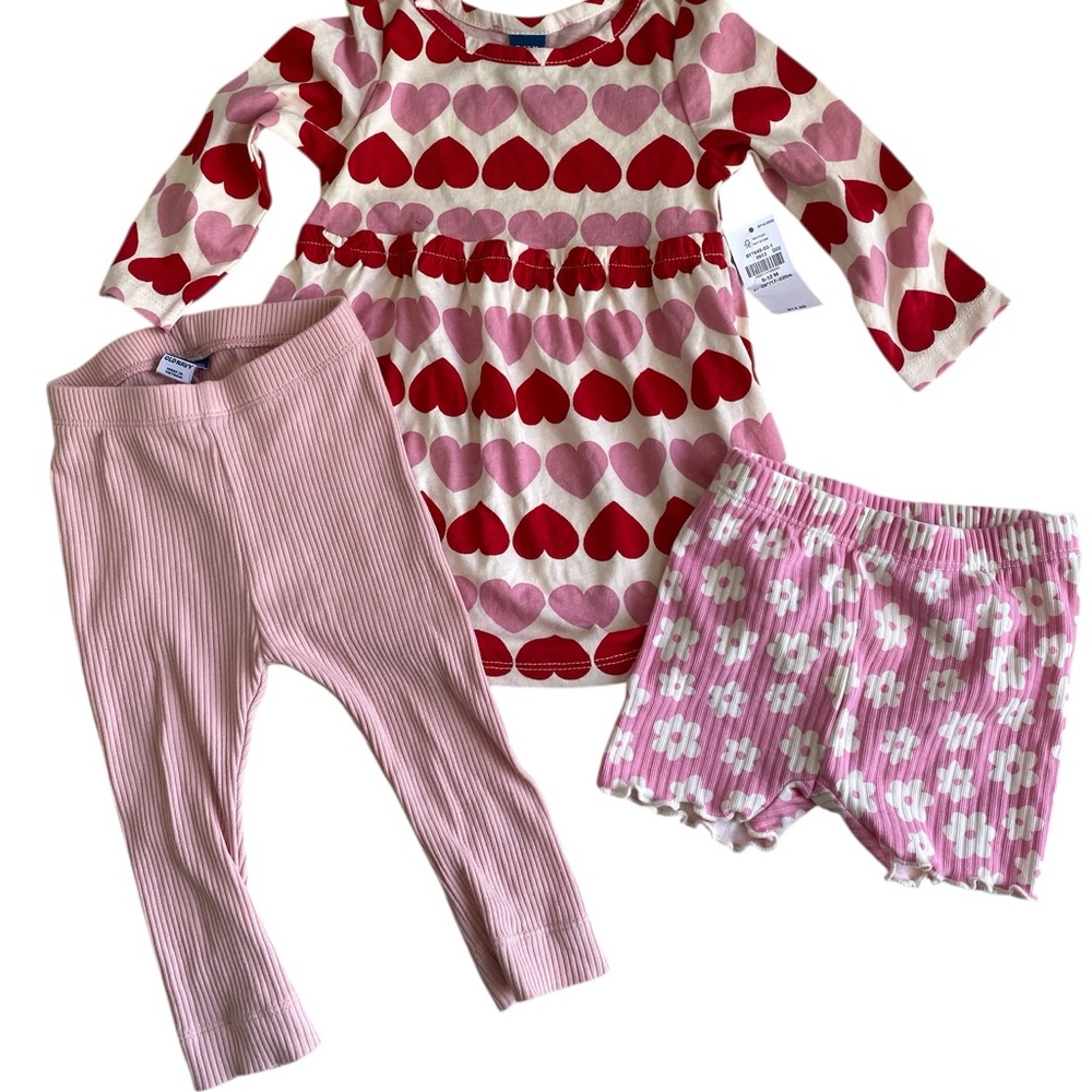 3-Piece Baby Girl Outfit Bundle – Size 6–12 Months | Dress, Leggings & Shorts